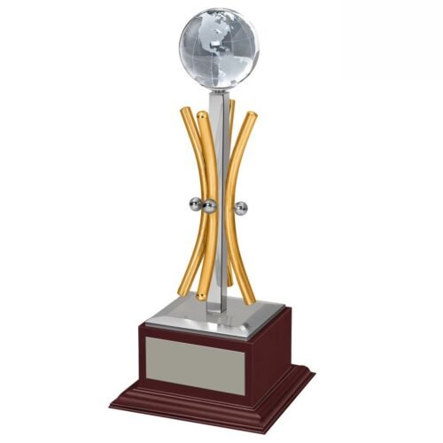 GABA Time Premium Metal Trophy with Crystal Globe – Elegant Recognition Award for Winners, Employees & Students | Ideal for Corporate, School, College & Sports Events Finish (9 inch)