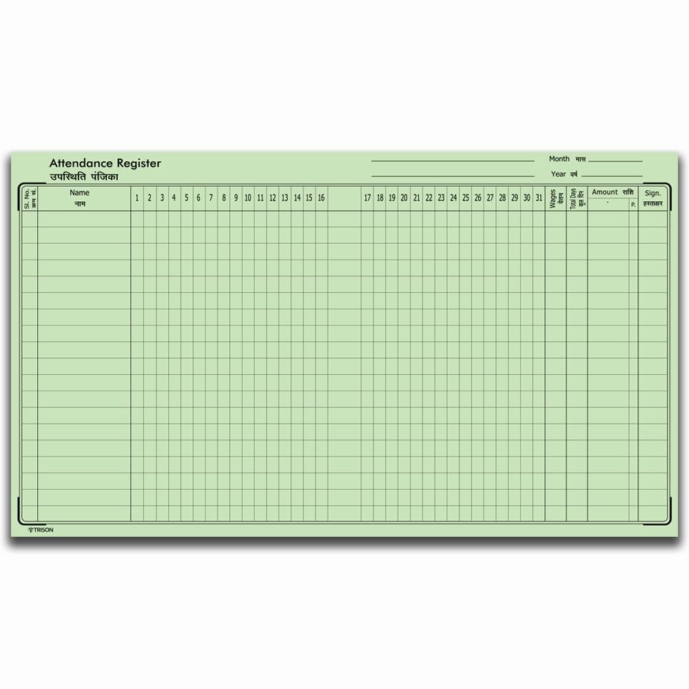 TRISON Attendance Copy Size 112 Pages (56 Sheets) | Small Size (16x20 cm) | Quire 1 | Hardbound | 31 Days Format | Pack of 1