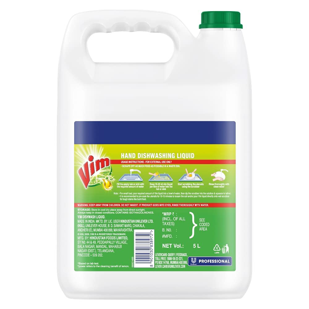 VIM PRO DISHWASH LIQUID 5L | Tough on Grease Dishwash | Dishwash Liquid | Fresh Lemon Fragrance Dishwash - Image 2