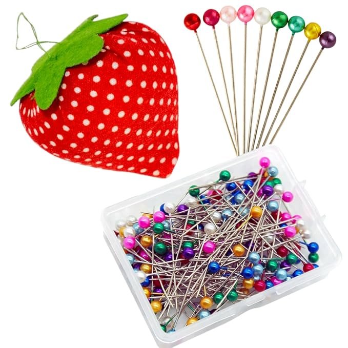 Multi-Coloured Nickel Plated Pearl Head Sewing Pins 200 Pcs + Strawberry Shaped Ball Crafts Sewing Needles Holder Pin Cushion DIY Sewing Tool Accessary Kit - Image 2