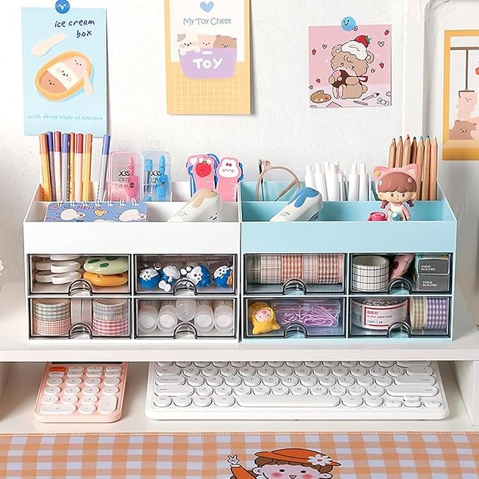 lastic Multi-Functional Desk Organizer With 4 Compartments & 4 Drawer Desktop Office Supplies Stationery Storage Box Cosmetic Organizer For Pens Staplers Clips Sticky Notes - Image 3