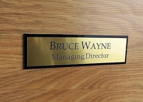 Gugan's Customized Self Adhesive Acrylic Name Plate | Black Acrylic and Gold Engraving Sheet with Vinyl Lettering | Custom Name Plate For Home, Office and Outdoor Entrance (12 x 4 Inch, Golden)