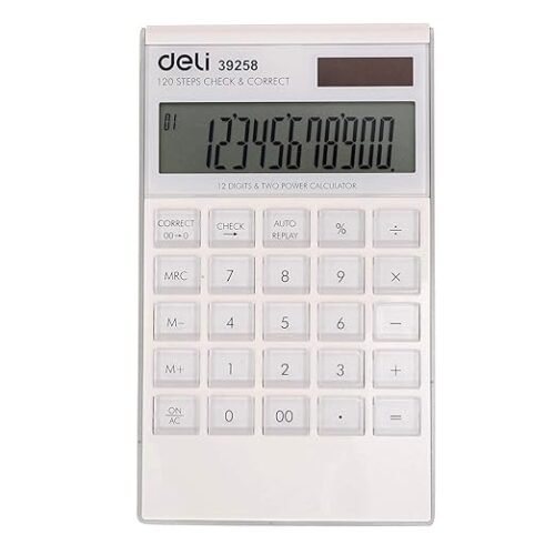 Deli W39258 12 Digit Big Size Financial Calculator with 120 Steps Check and Auto Correct Option | White